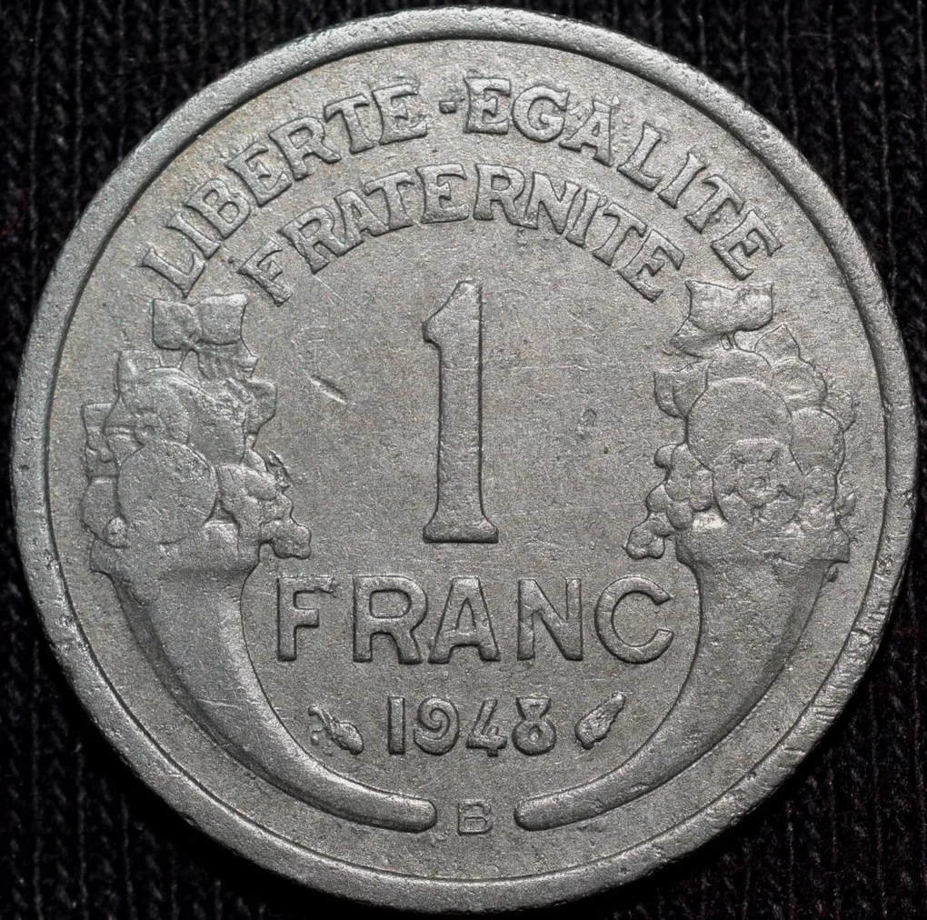 Old Aluminium 1 Franc of France (AD 1948) with Wreathed female head facing left