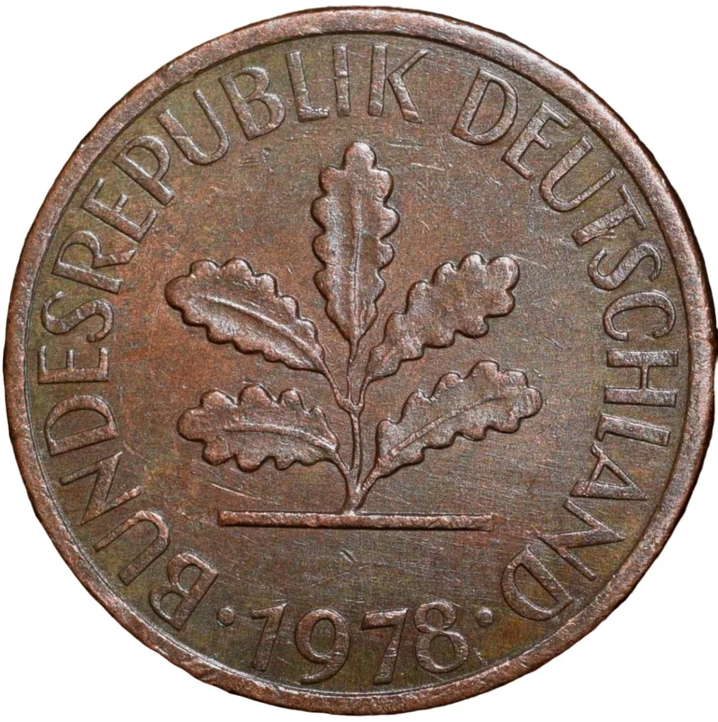Bronze 1 Pfennig of Germany (AD 1978) with Oak Sapling