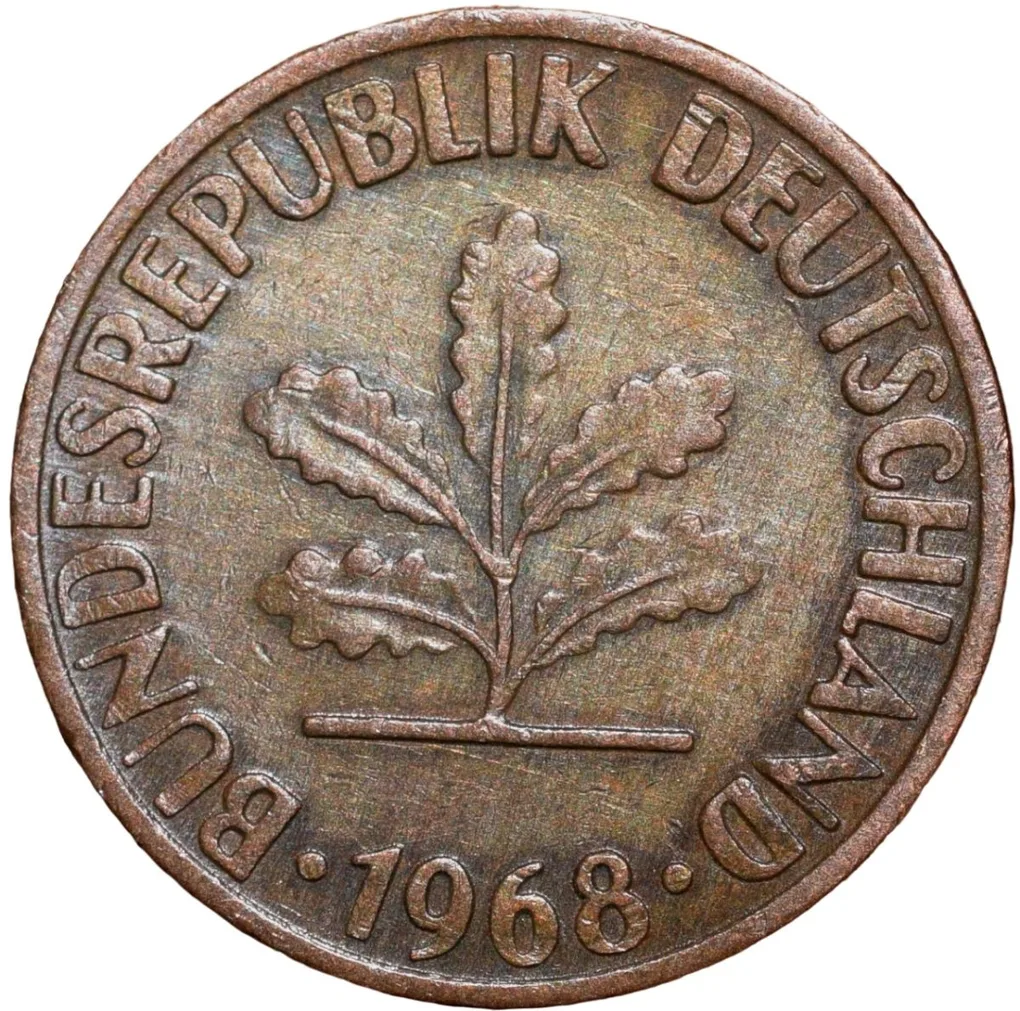 Bronze 1 Pfennig of Germany (AD 1968) with Oak Sapling