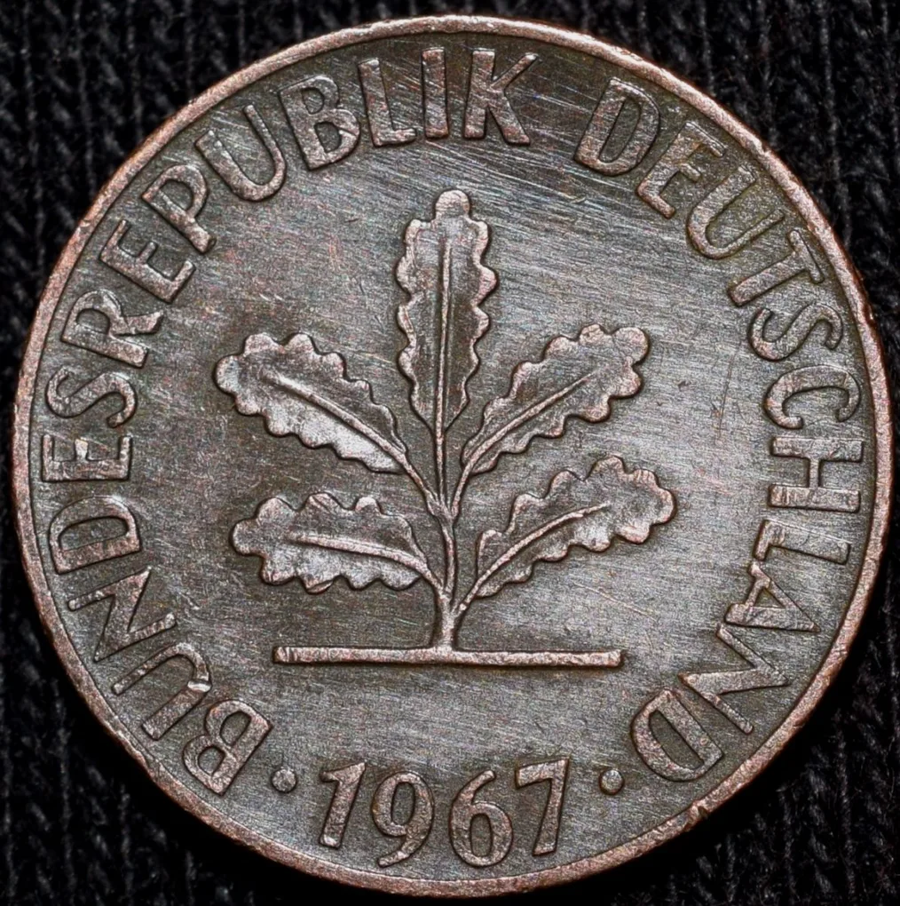 Bronze 1 Pfennig of Germany (AD 1967) with Oak Sapling
