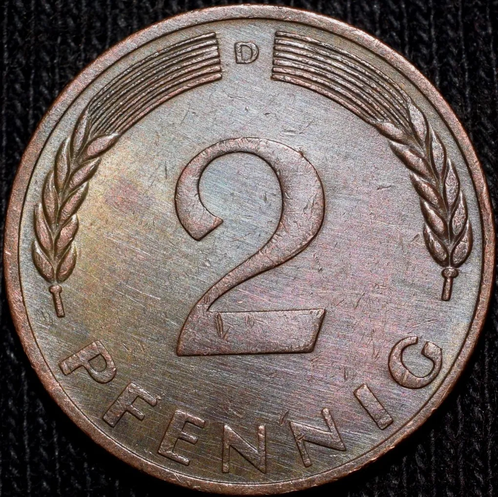 Bronze 2 Pfennig of Germany (AD 1969) with Oak Sapling