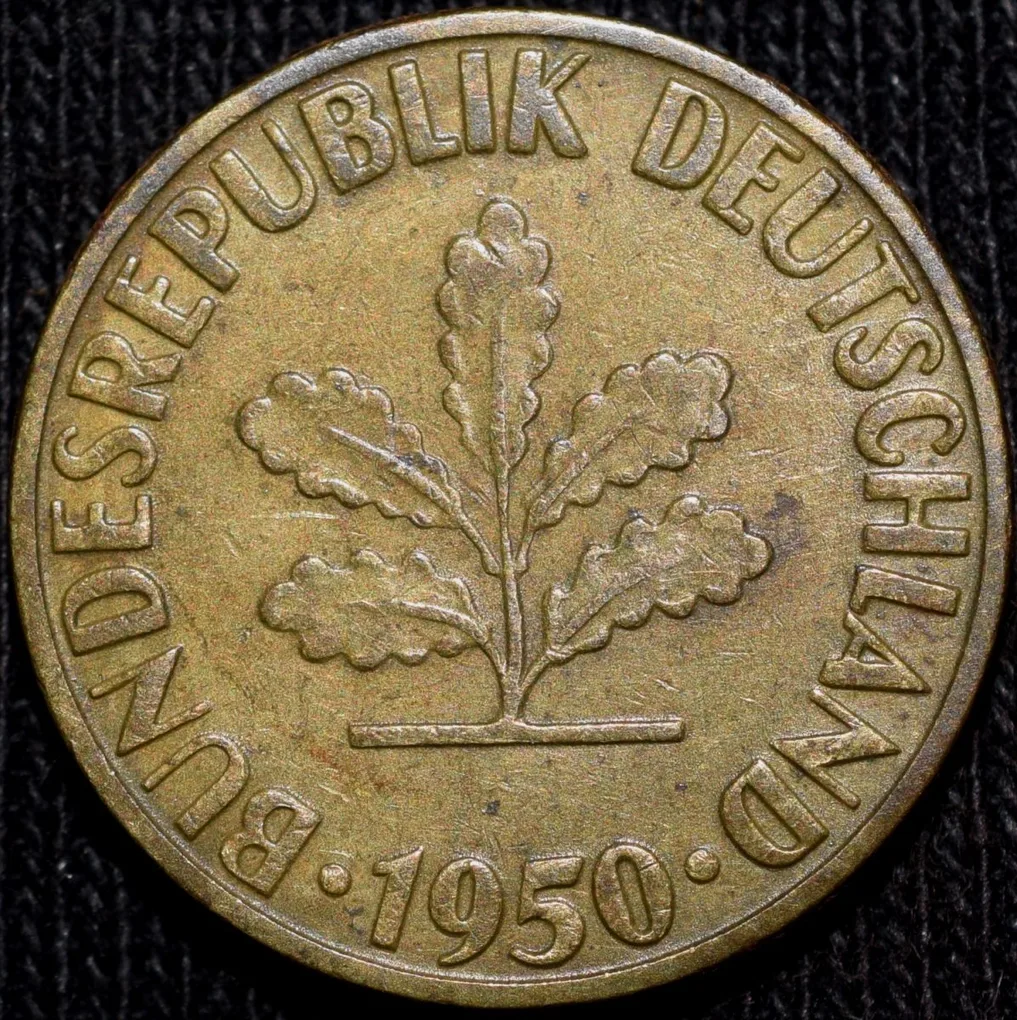 Brass 5 Pfennig of Germany (AD 1950) with Oak Sapling