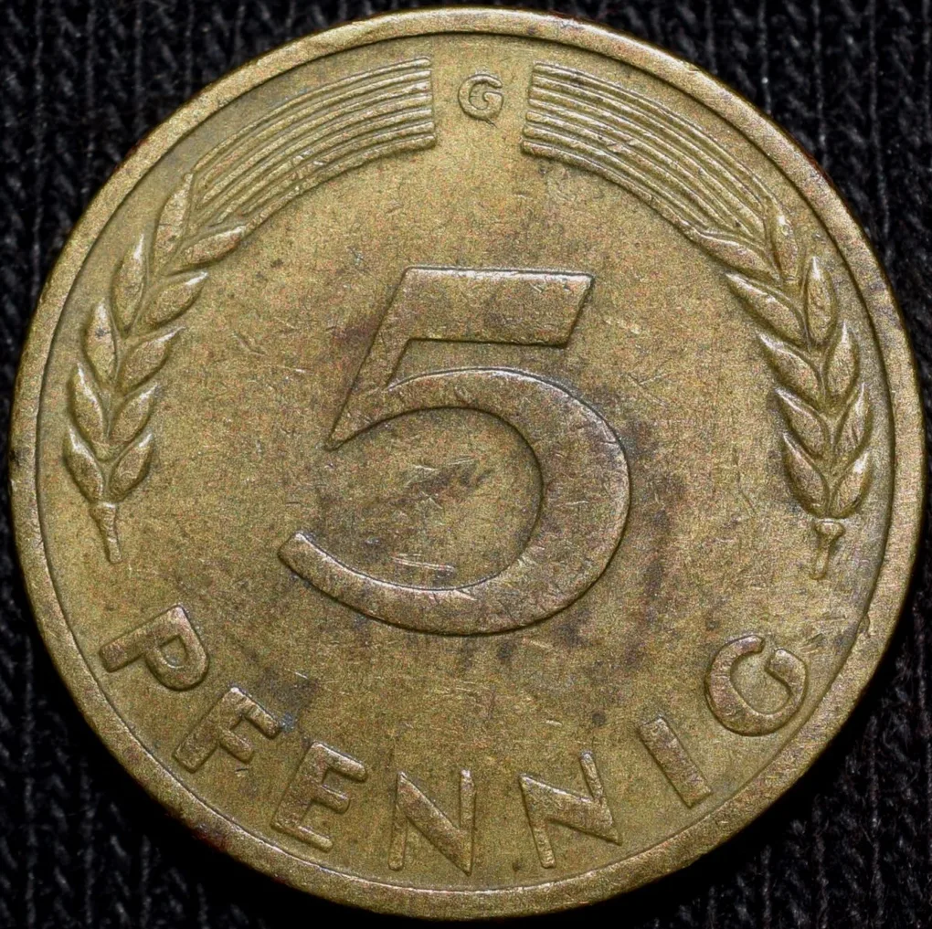 Brass 5 Pfennig of Germany (AD 1950) with Oak Sapling