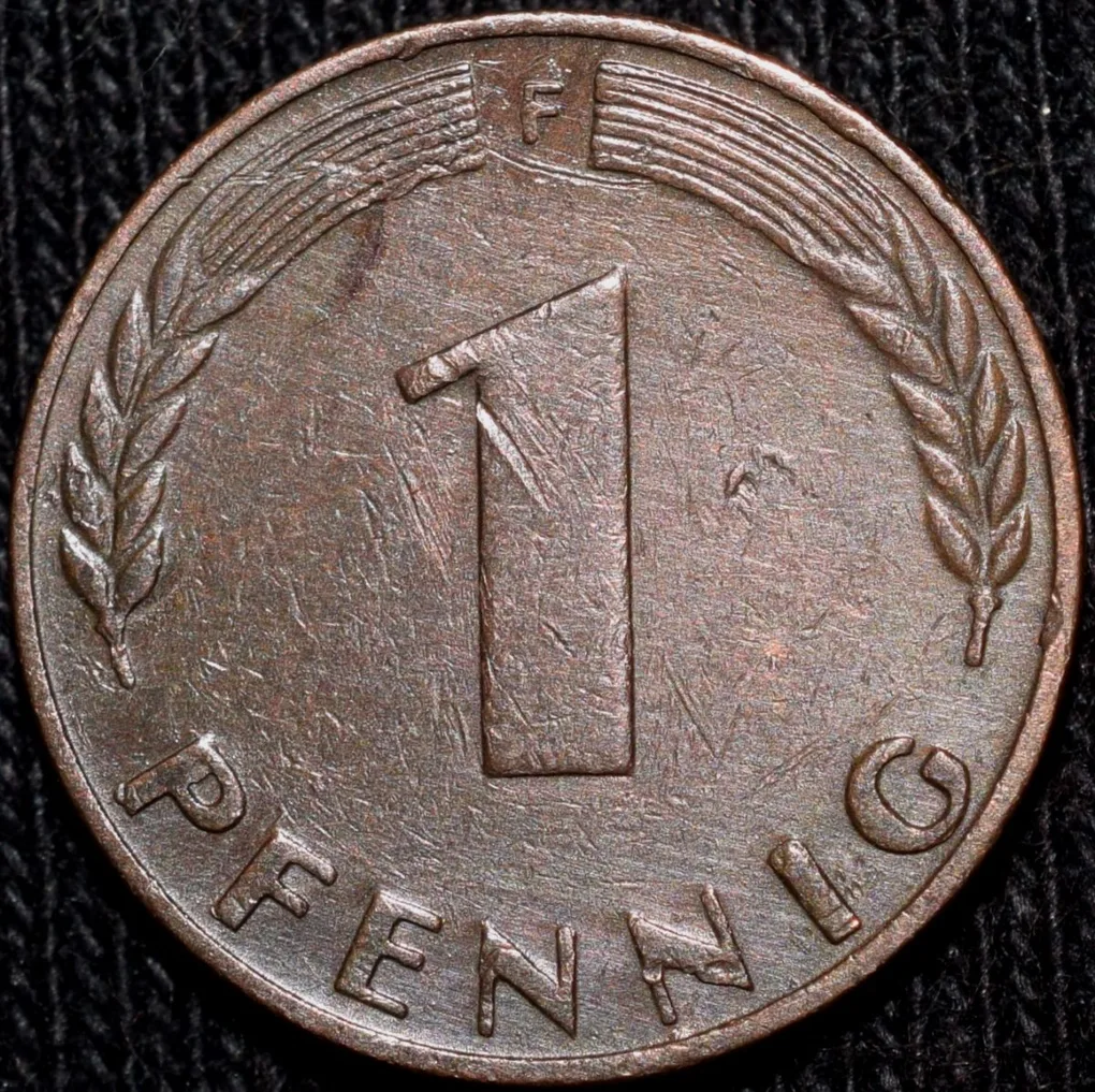 Bronze 1 Pfennig of Germany (AD 1950) with Oak Sapling