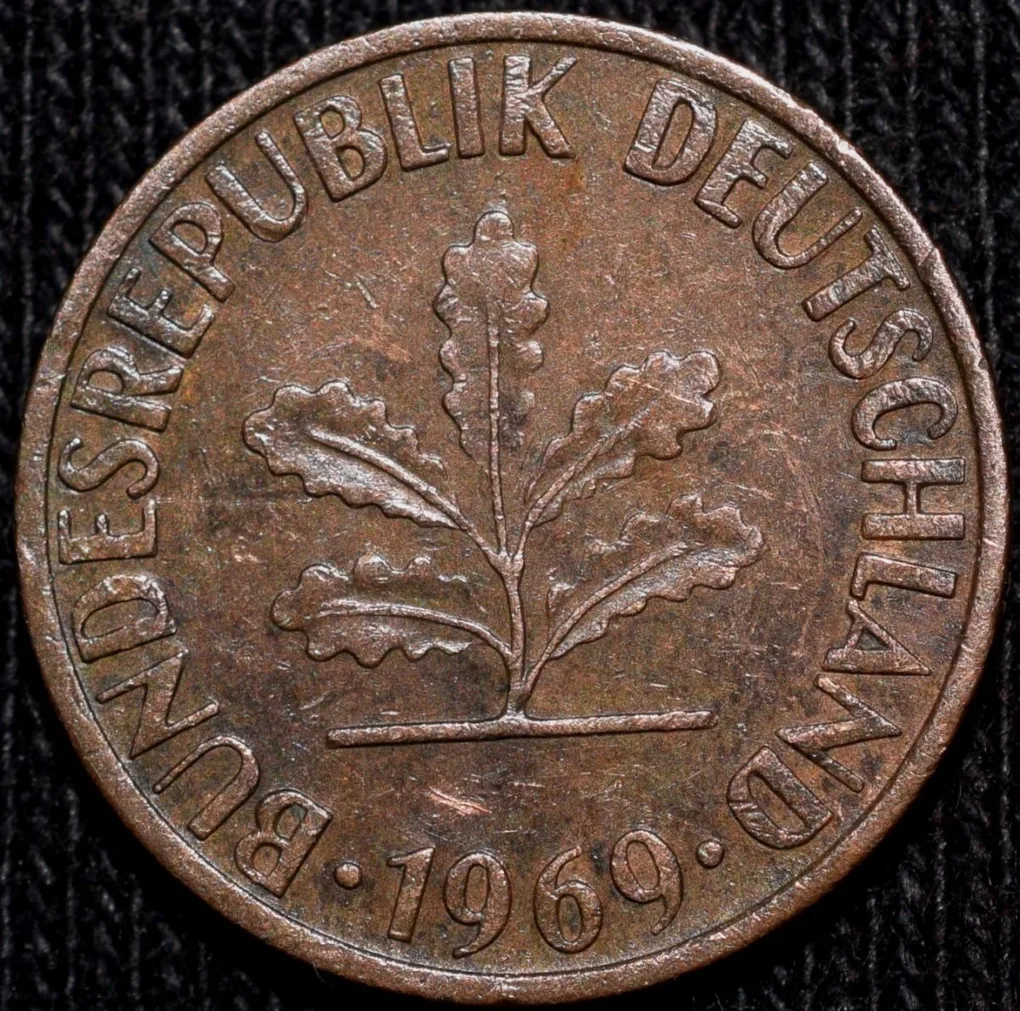 Bronze 1 Pfennig of Germany (AD 1969) with Oak Sapling
