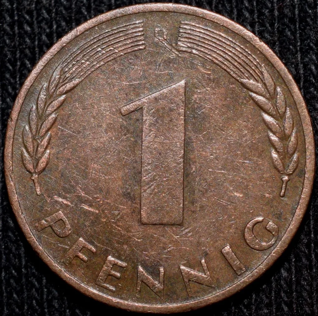 Bronze 1 Pfennig of Germany (AD 1969) with Oak Sapling