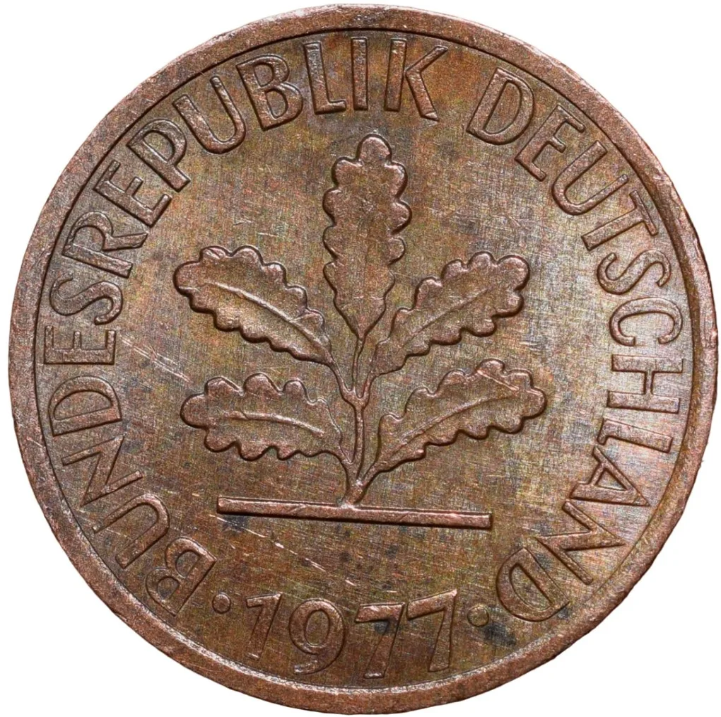 Bronze 1 Pfennig of Germany (AD 1977) with Oak Sapling