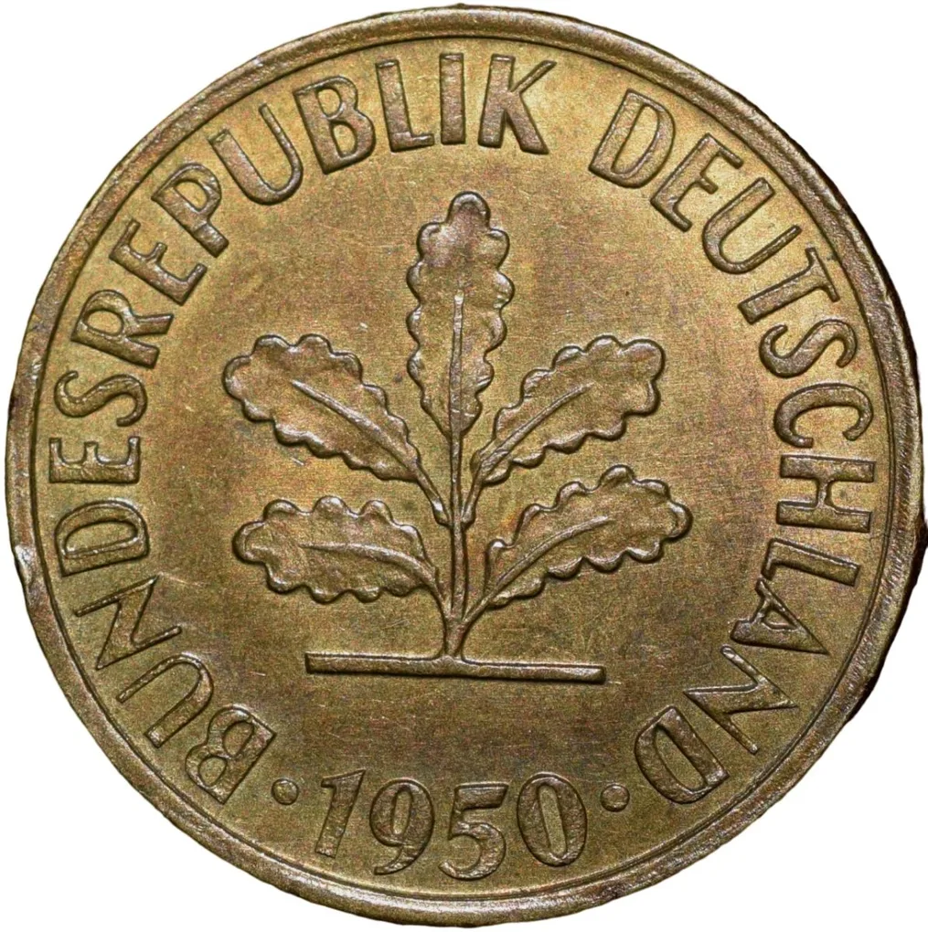 Brass 5 Pfennig of Germany (AD 1950) with Oak Sapling