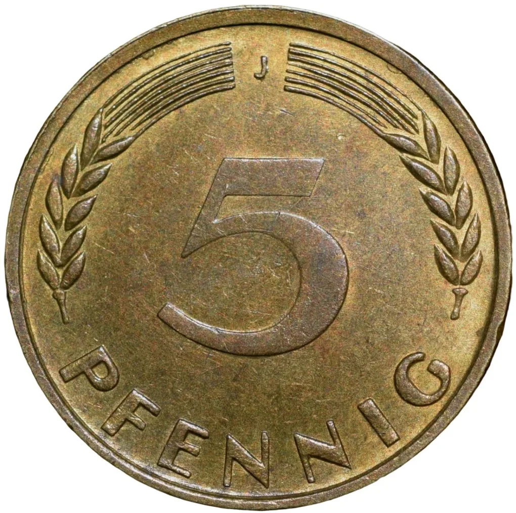 Brass 5 Pfennig of Germany (AD 1950) with Oak Sapling