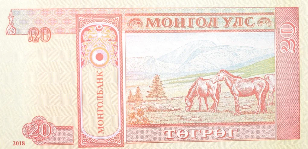 20 Togrog of Mongolia Country (AD 2018) with Mountain scenery with horses grazing in a valley