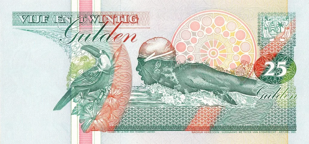 25 Gulden of Surname Country (AD 1991-1998) with Anthony Nesty, olympic gold medalist in the 100m butterfly event in Seoul 1988