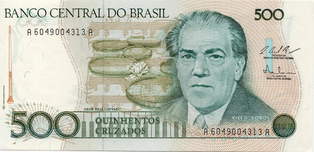 500 Cruzados of Brasil Country (AD 1986-1988) with Johann Moritz Rugendas, representing a primitive Brazilian forest on the bank of a river