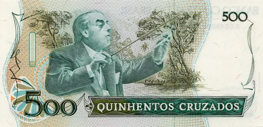 500 Cruzados of Brasil Country (AD 1986-1988) with Johann Moritz Rugendas, representing a primitive Brazilian forest on the bank of a river