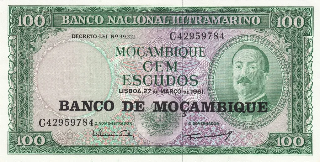 100 Escudos of Mozambique Country (AD 1975-1990) with A portrait of Aires de Ornelas. (Roman Catholic Archbishop of Goa)