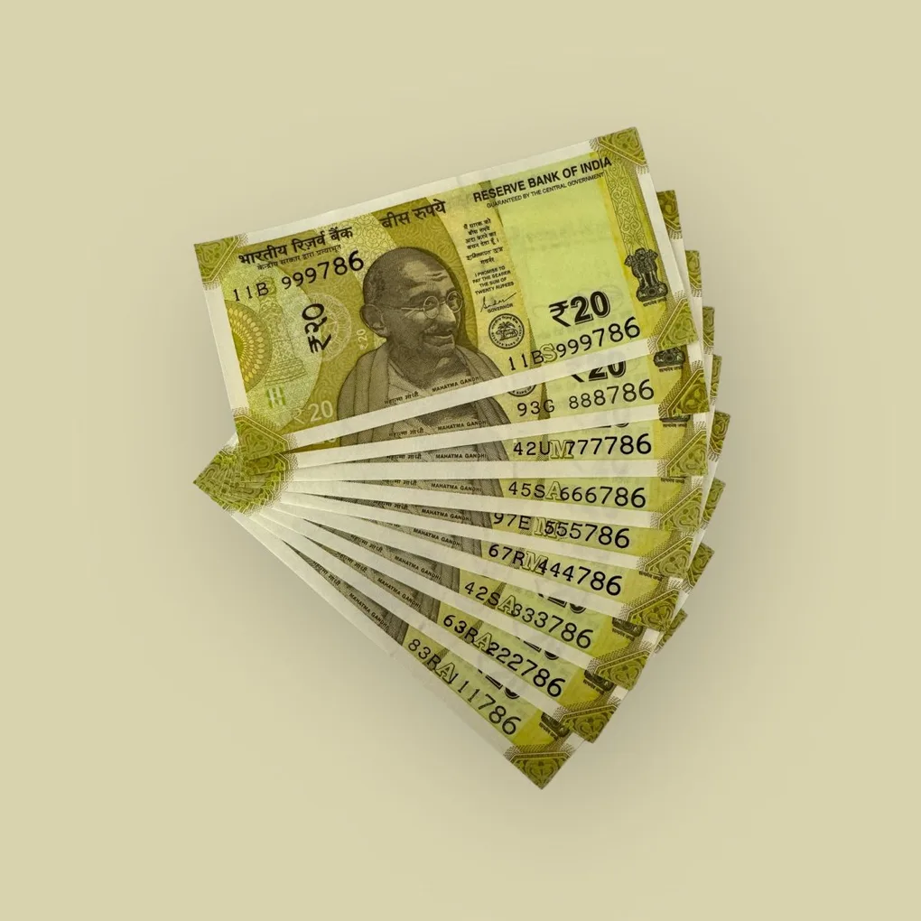 Rs 20 India Banknote Holy Solid Number 111786 To 999786 Gem Unc Unique and Rare