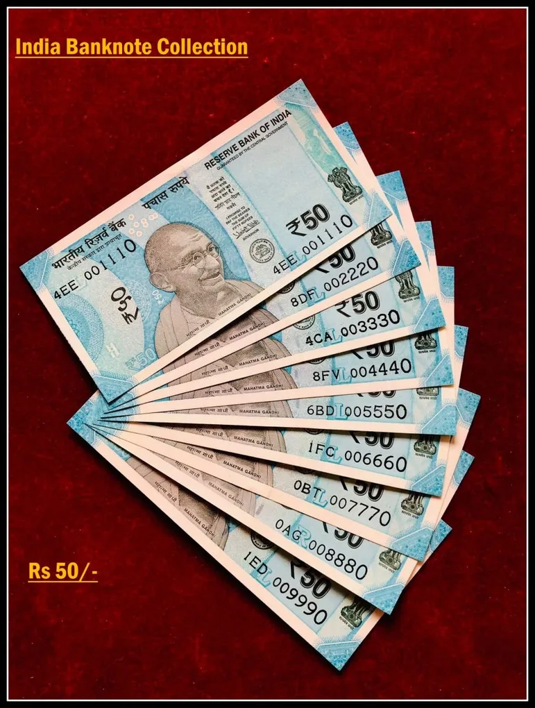 Rs 50/- India Banknote Solid Set Gem Unc 001110 to 009990 Latest Issue Unique and Rare