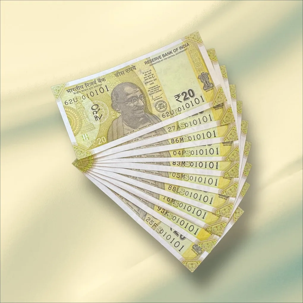 Rs 20 India Banknote Tripling Number 10 Note Set Number 010101 Gem Unc Very Unique and Rare