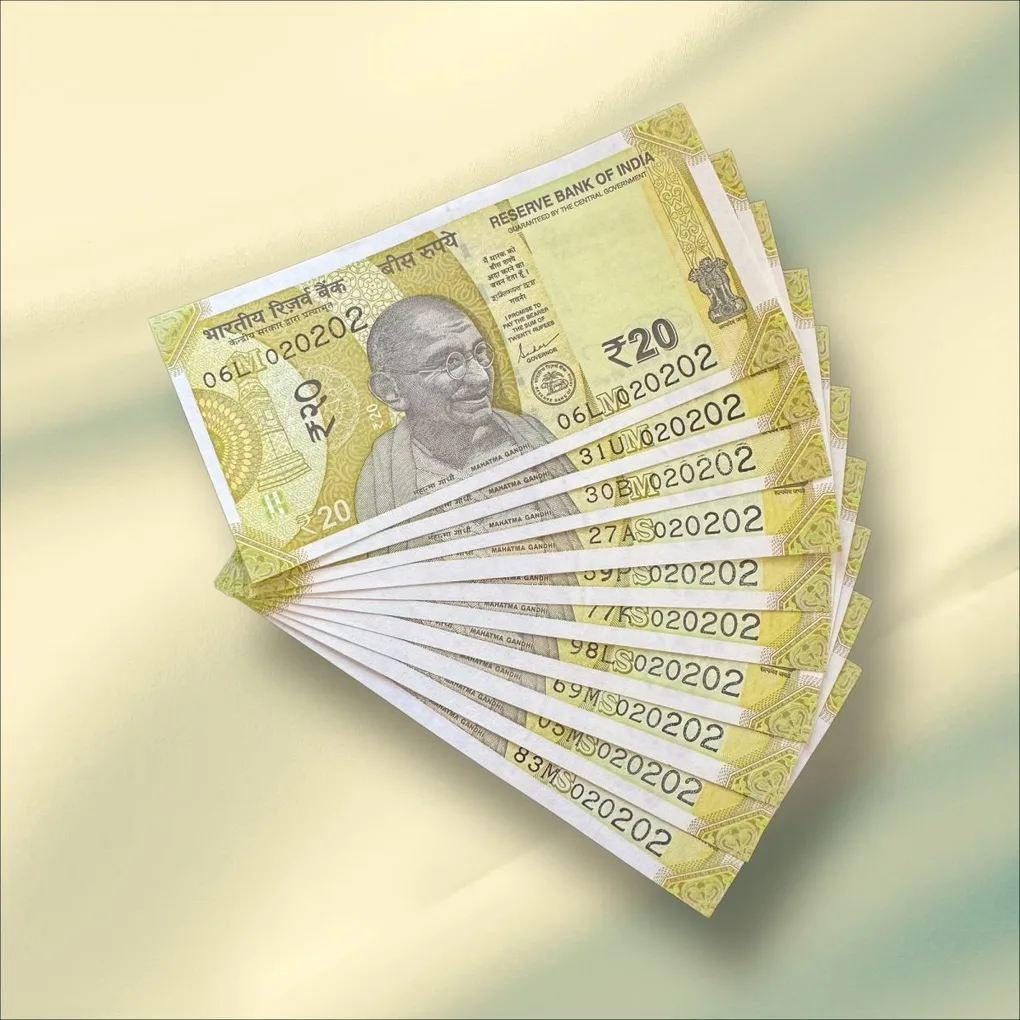Rs 20 India Banknote Triple Number 10 Note Set Number 020202 Gem Unc Very Unique and Rare