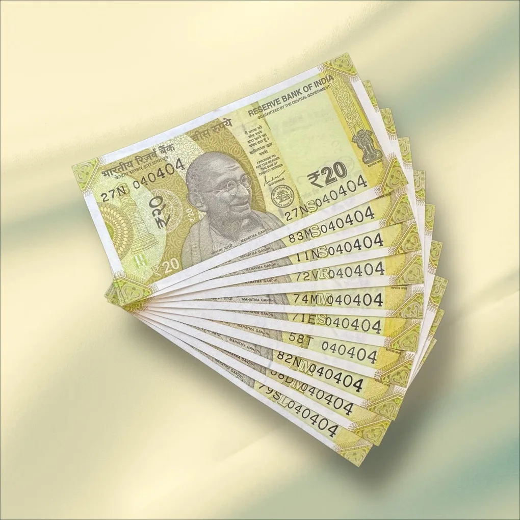 Rs 20 India Banknote Tripling Number 10 Note Set Number 040404 Gem Unc Very Unique and Rare