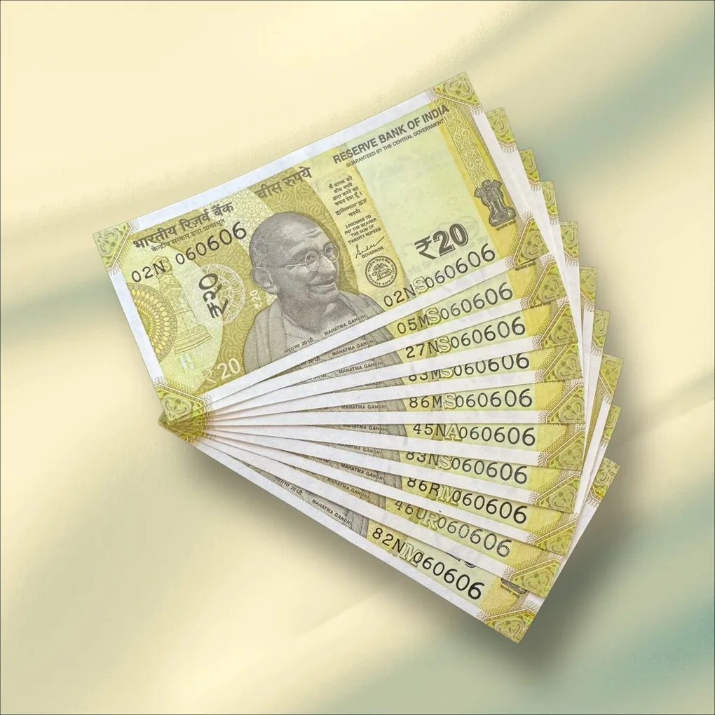Rs 20/- India Banknote Tripling Number 10 Note Set Number 060606 Gem Unc Very Unique and Rare
