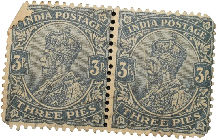 Postal Stamp of George V 3 Pies Grey Colour - Block of 2 Stamps - Used Condition as per Image.