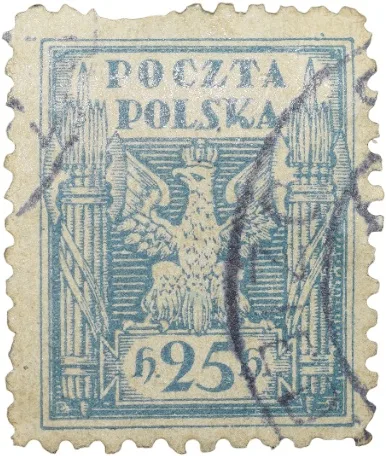 Postal Stamp of Poland (AD 1919 January 27), An 25 fenigi light blue postage stamp depicting Crowned Polish Eagle and Fasces, Symbolical of United Poland