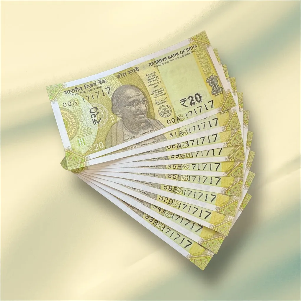 Rs 20 India Banknote Triple Number 10 Note Set Number 171717 Gem Unc Very Unique and Rare