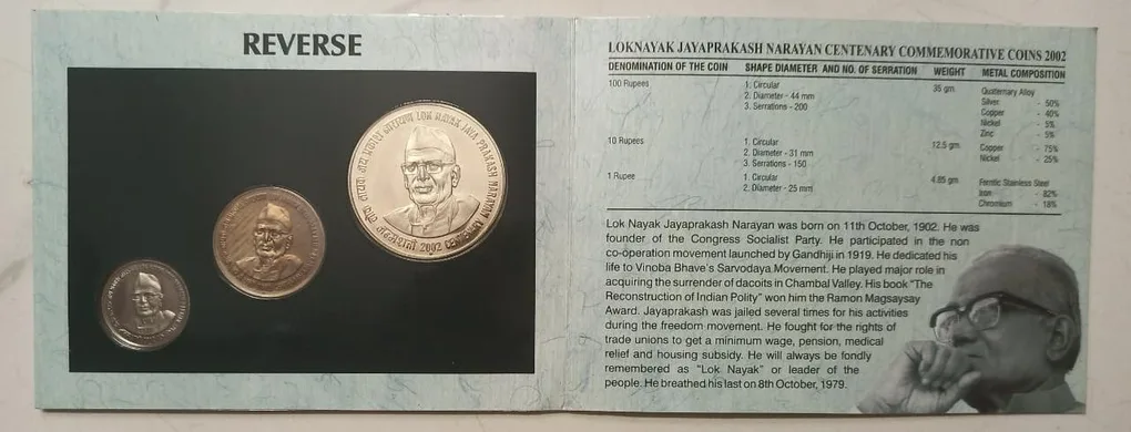Loknayak Jayaprakash Narayan (Proof 3 coin Set) Mumbai MiNT