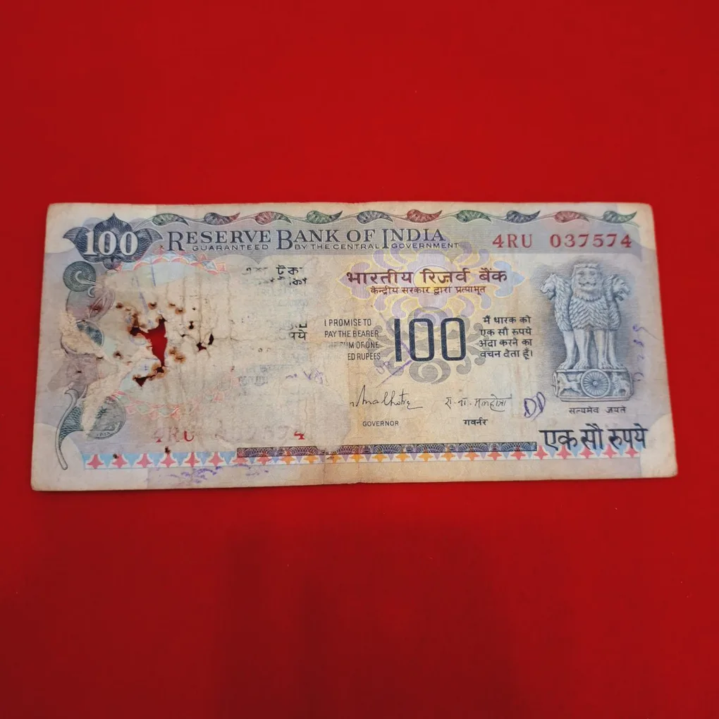 100 Rupee Note R.N. Malhotra Serial No. 037574 (Used)