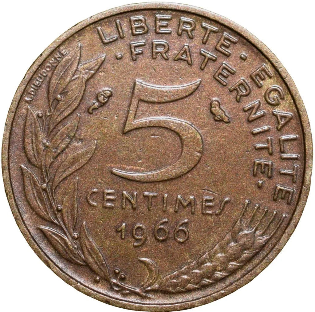 Brass 5 Centimes of France ( AD 1966) with Marianne face left