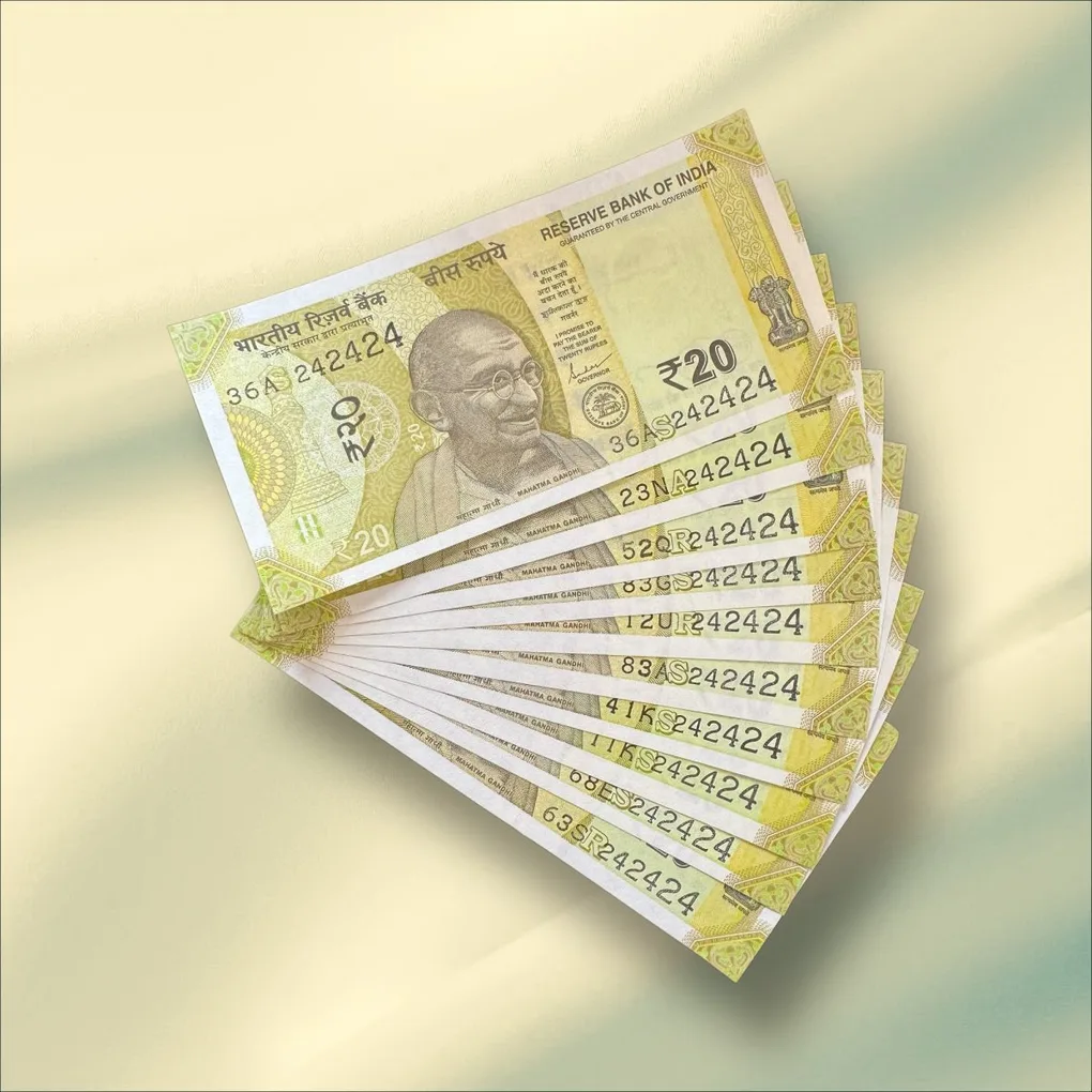 Rs 20 India Banknote Tripling Number 10 Note Set Number 242424 Gem Unc Very Unique and Rare