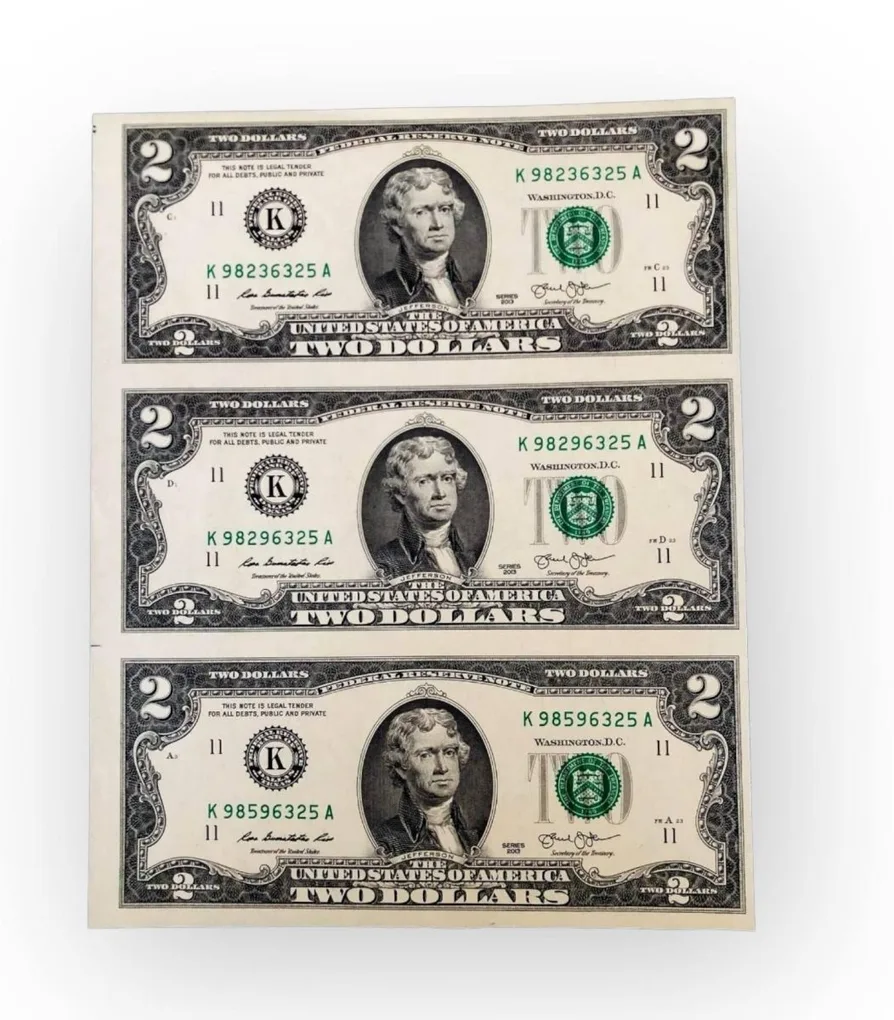 United States of America Issue $ 2 Uncut 3 Piece GEM UNC Unique and Rare Tope Collectible Item USA