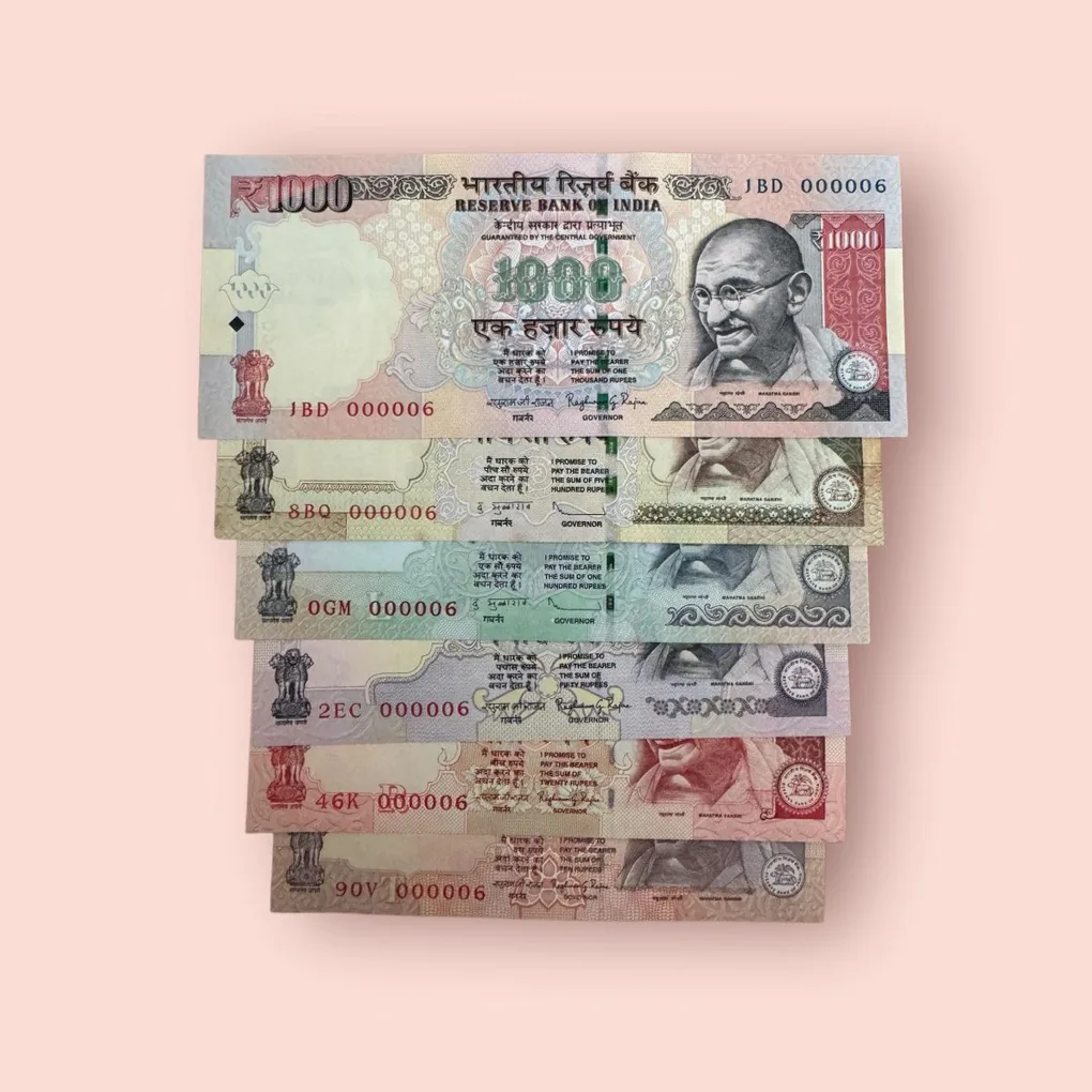 Rs 10 To 1000 Low Serial Number 000006 Small Font Issue Gem Unc Unique Number Lucky 6