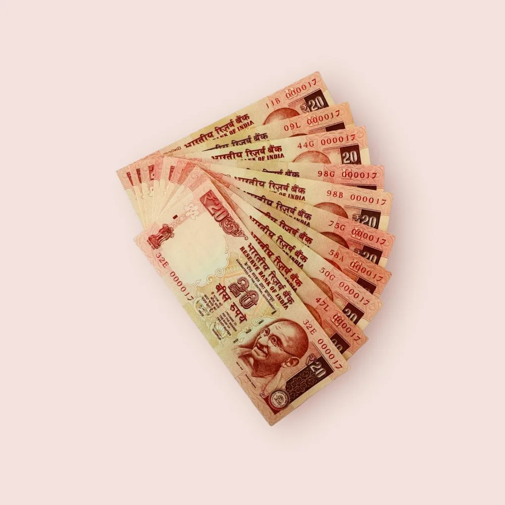 Rs 20 India Banknote Set 10 Notes Same Number 000017 Gem Unc Unique