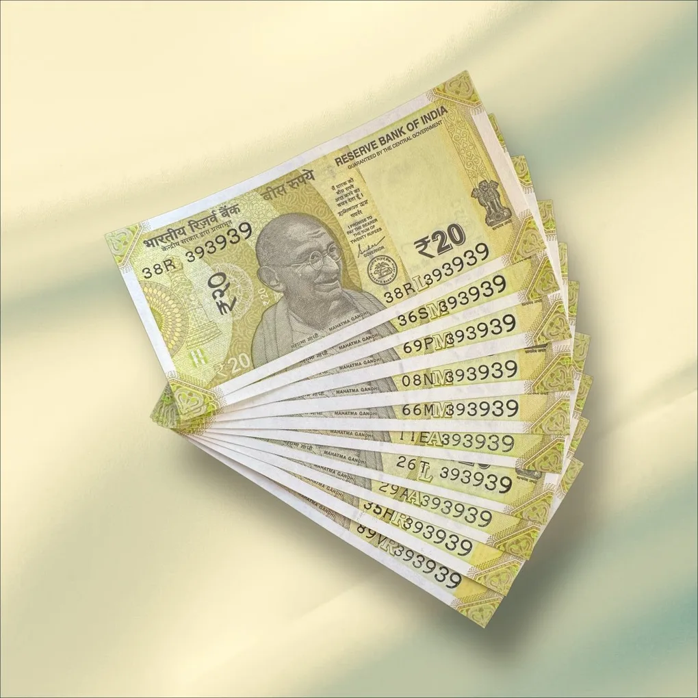 Rs 20 India Banknote Triple Number 10 Note Set Number 393939 Gem Unc Very Unique and Rare