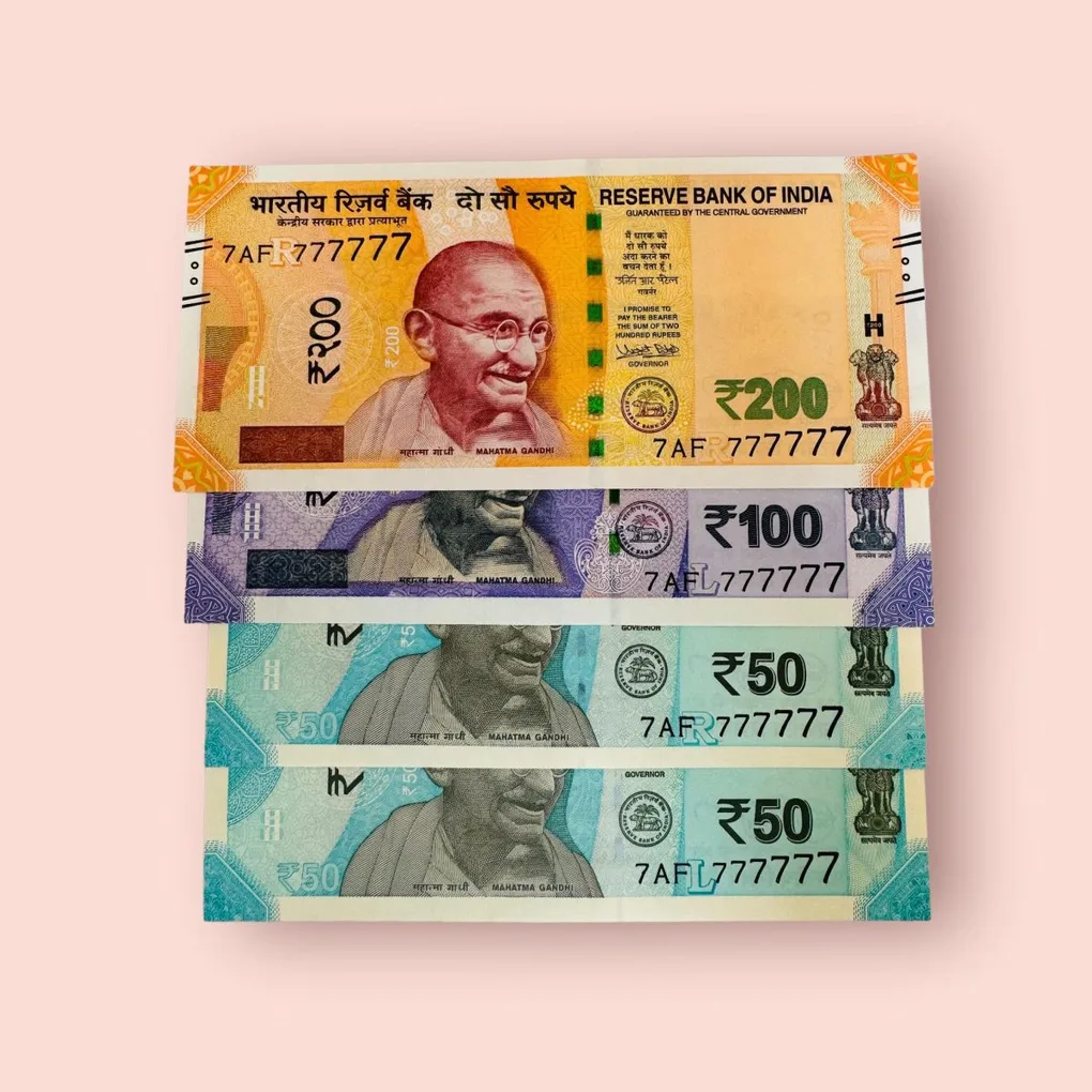 Rs 50 - 100 - 200 India Banknote Quad Set GEM UNC 7AF 777777 Unique and Rare