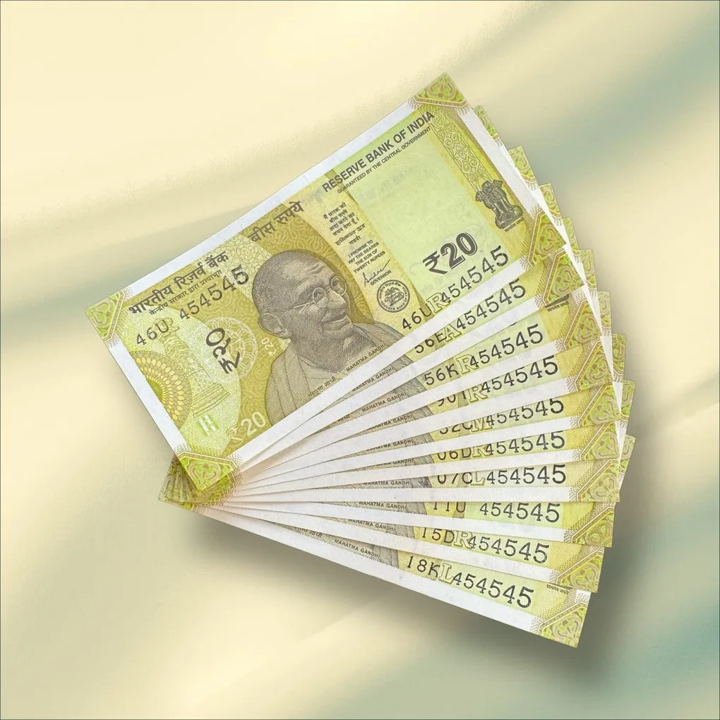 Rs 20 India Banknote Triple Number 10 Note Set Number 454545 Gem Unc Very Unique and Rare
