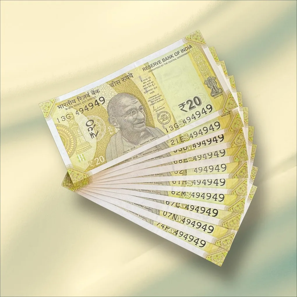 Rs 20 India Banknote Triple Number 10 Note Set Number 494949 Gem Unc Very Unique and Rare