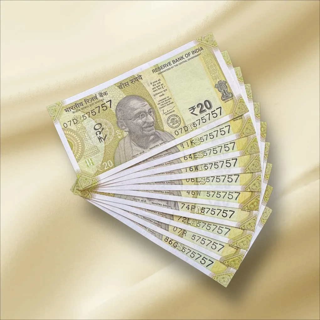 Rs 20 India Banknote Triple Number 10 Note Set Number 575757 Gem Unc Very Unique and Rare