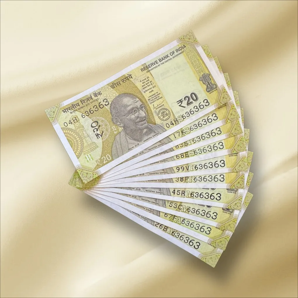 Rs 20 India Banknote Triple Number 10 Note Set Number 636363 Gem Unc Very Unique and Rare