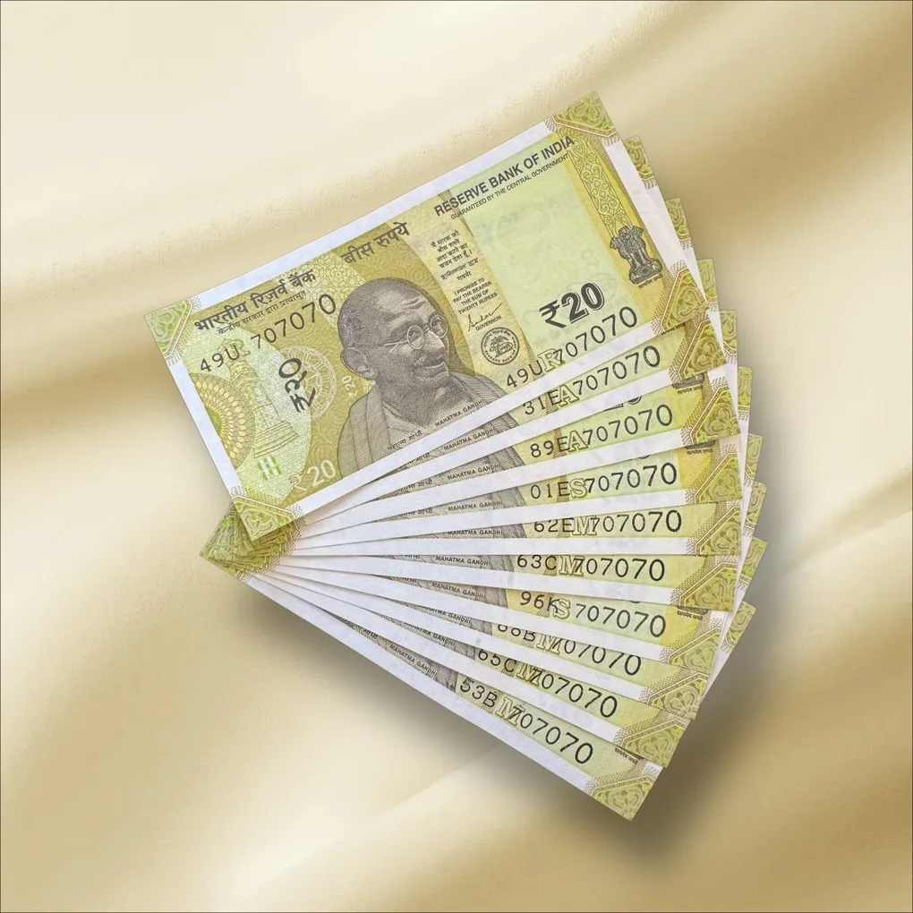 Rs 20 India Banknote Triple Number 10 Note Set Number 707070 Gem Unc Very Unique and Rare