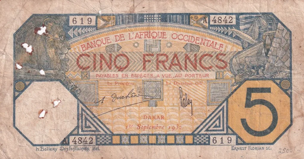 1932 French West Africa 5 Francs Dakar VARY Rare Note #B-2