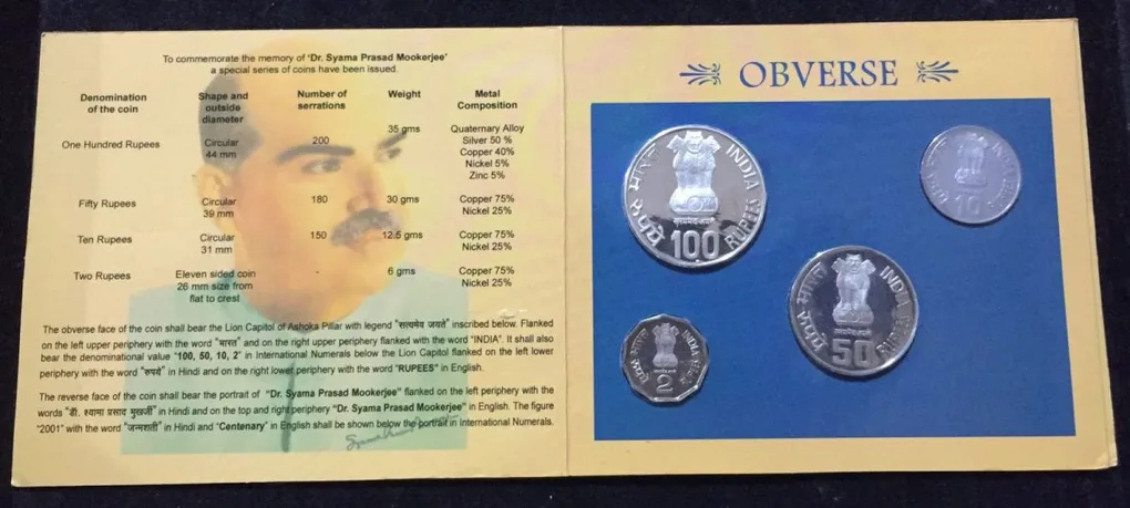 2001 Silver Proof Set Dr. Syama Prasad Mookerjee (Proof 4 Coins Set) Kolkata Mint.
