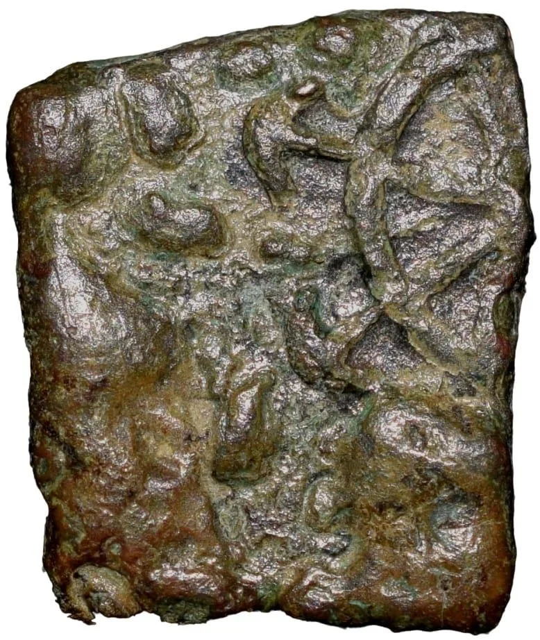 Copper Coin of Pre-Satavahana (2nd Cen. BC) from Vidarbha(Akola) with Elephant facing to Right/Armed Wheel
