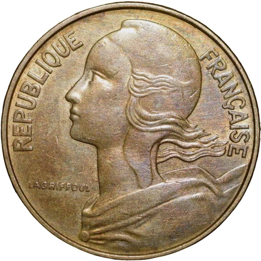 Brass 10 Centimes of France ( AD 1978) with Marianne face left