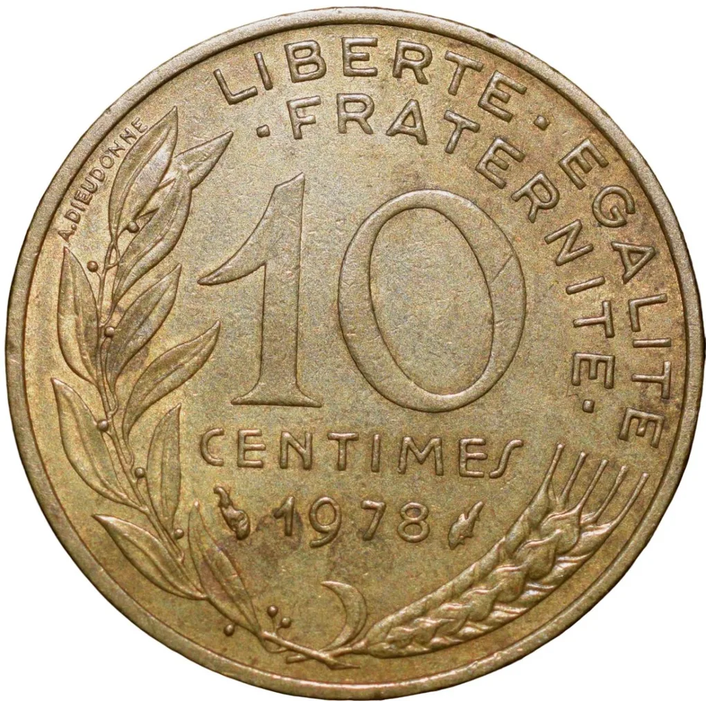 Brass 10 Centimes of France ( AD 1978) with Marianne face left