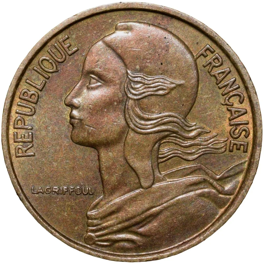 Brass 5 Centimes of France ( AD 1968) with Marianne face left