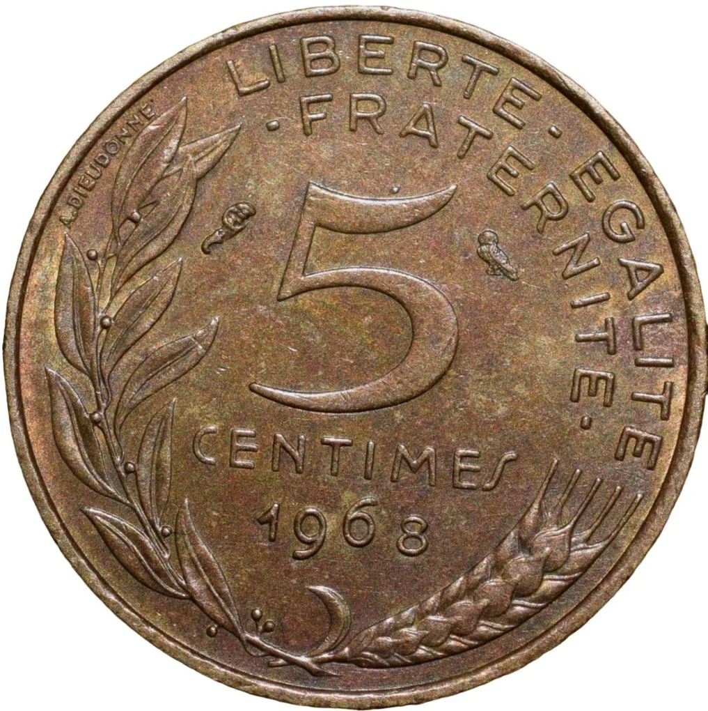 Brass 5 Centimes of France ( AD 1968) with Marianne face left