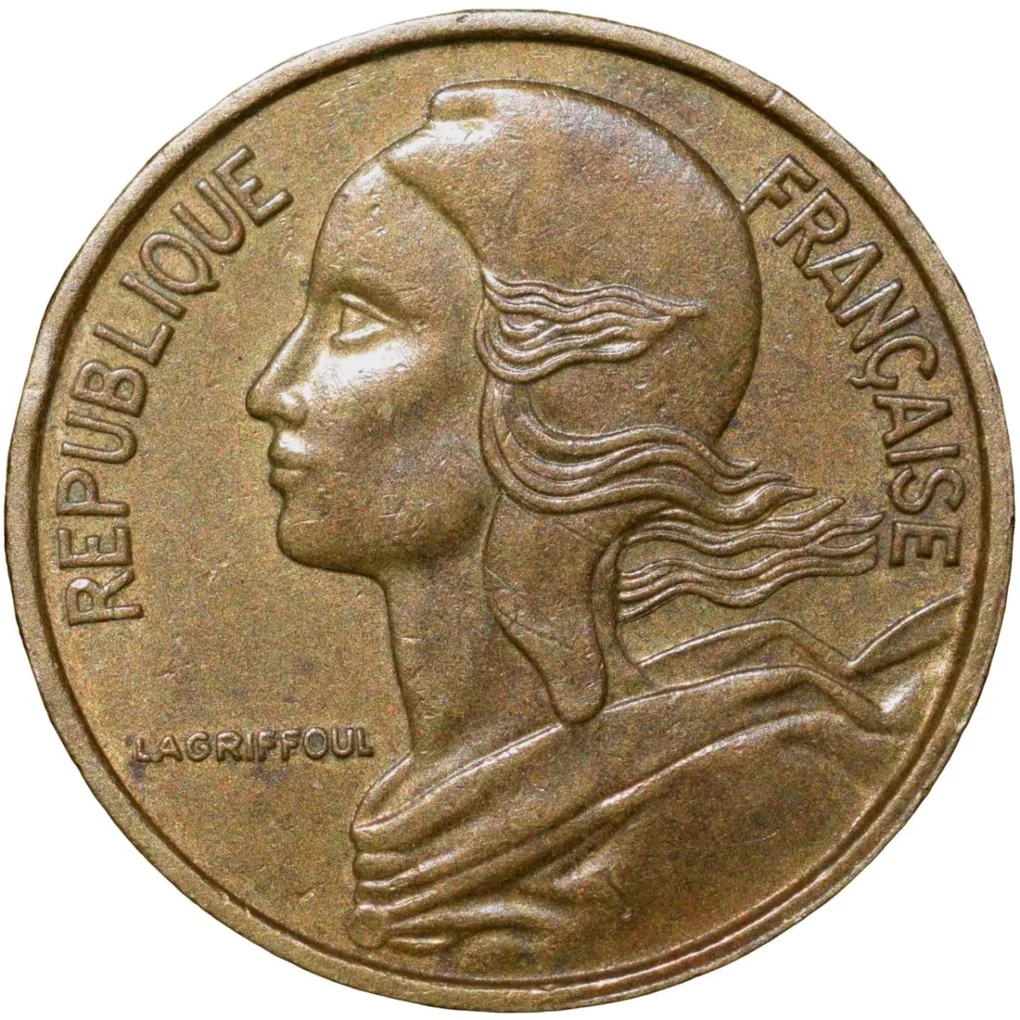 Brass 5 Centimes of France ( AD 1971) with Marianne face left