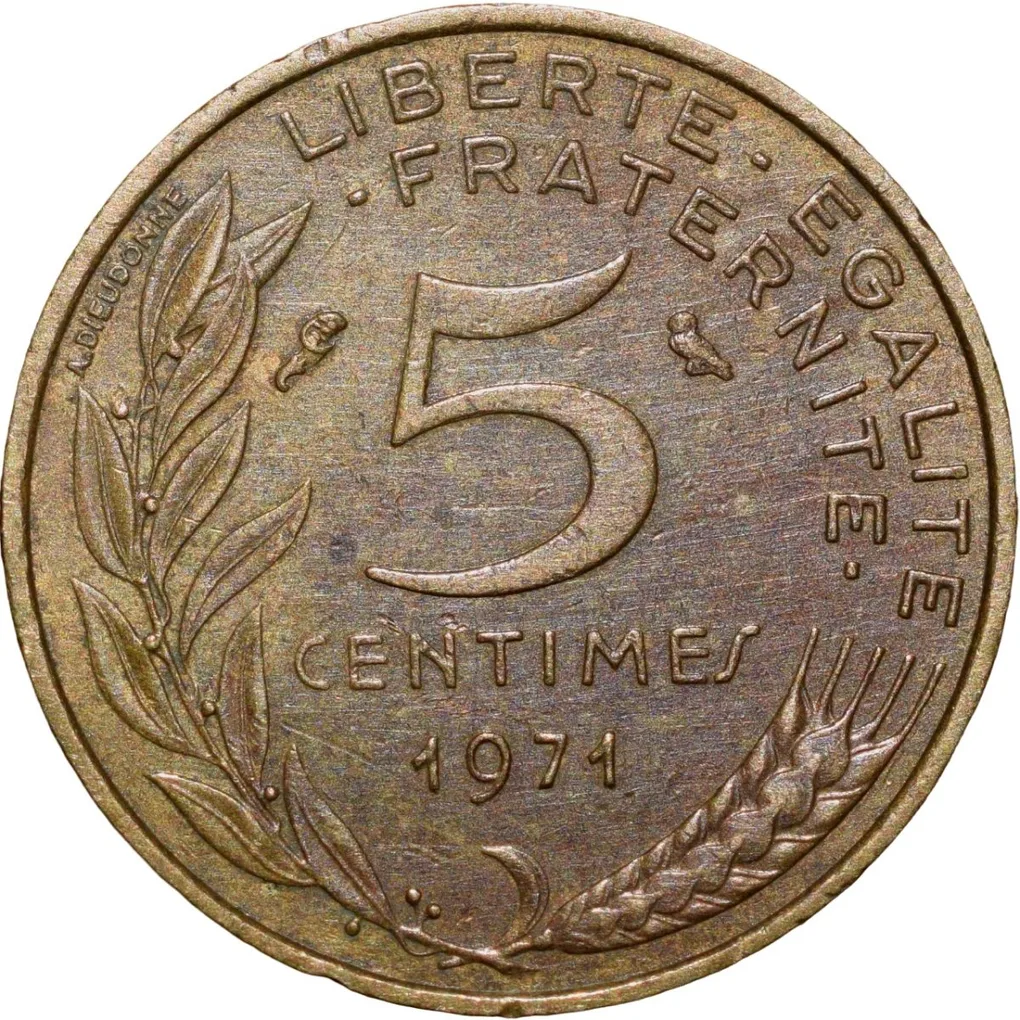 Brass 5 Centimes of France ( AD 1971) with Marianne face left